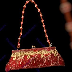 Red Beaded Evening Bag with Gold Embroidery